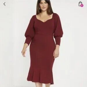 Eloquii Maroon Plus Balloon 3/5 Sleeve Red Ruffle Bodycon Burgundy Midi Dress 20